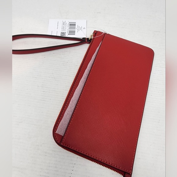 Kate Spade New Red Leather Wristlet Lucy Logo Top Zipper Bag New Red Clutch - Picture 3 of 8